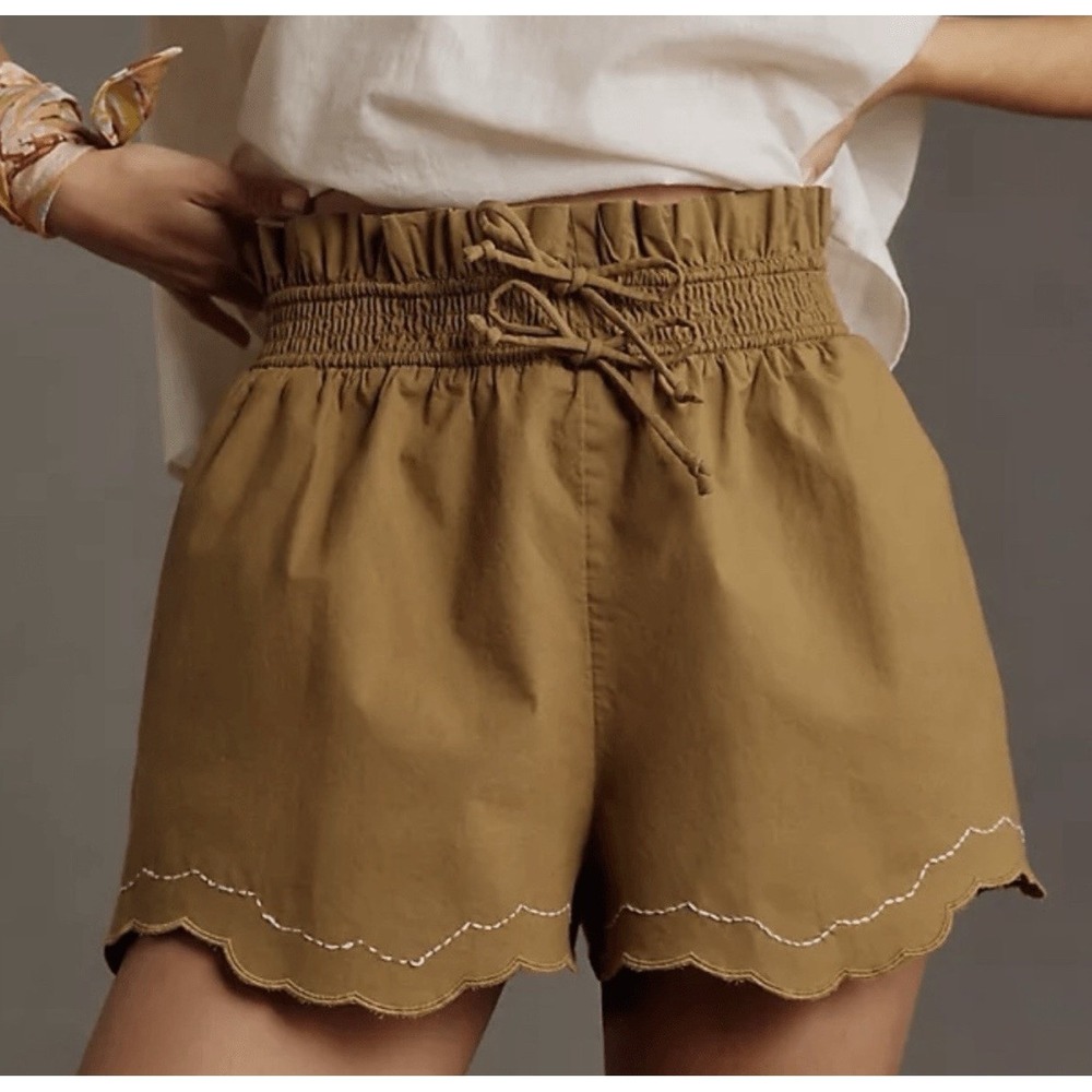 Anthropologie Scallop-Hem Shorts Size Medium Green Elastic Waist Pull On Cotton - Picture 10 of 10